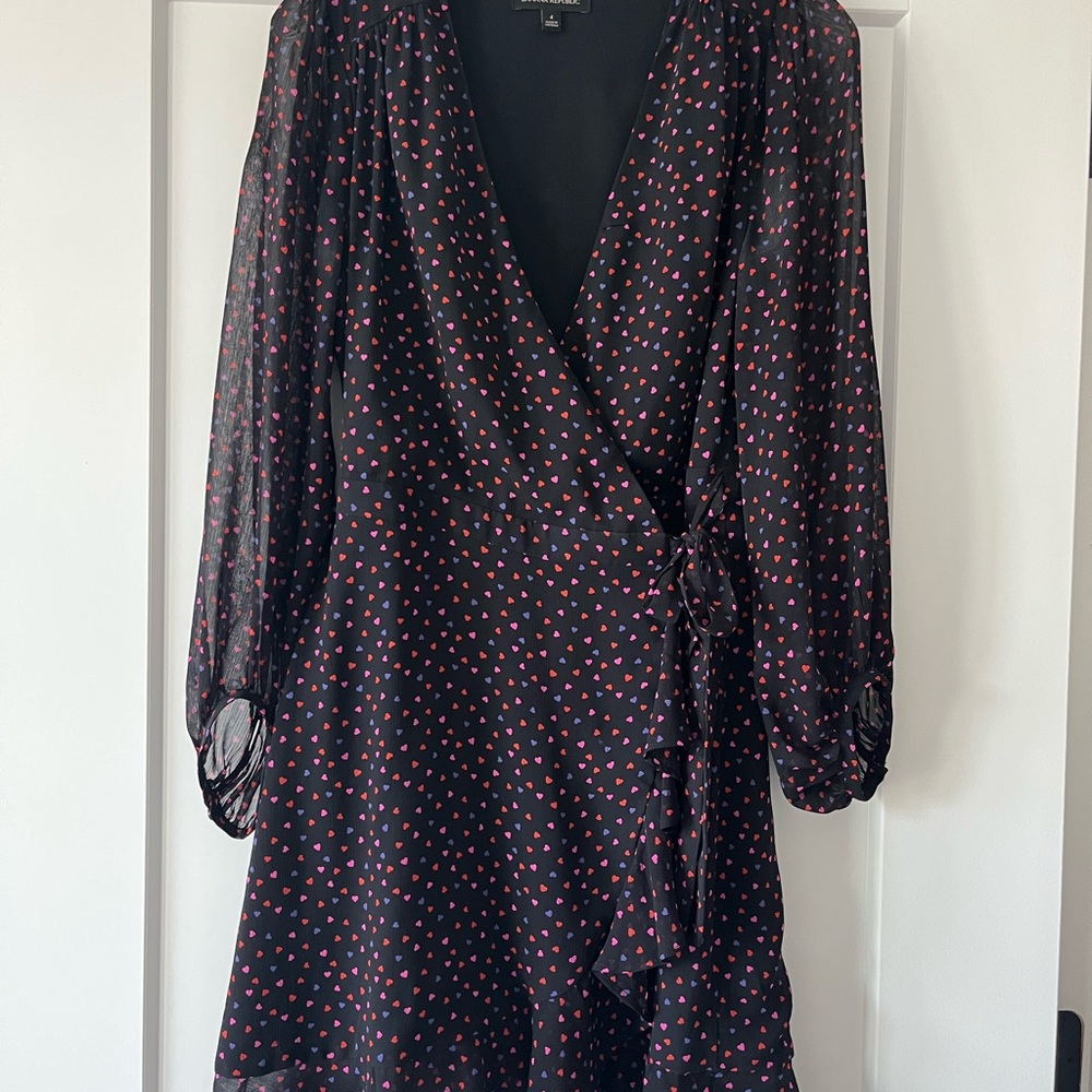 Banana Republic Black Long Sleeve Wrap Dress with Pink Heart Print